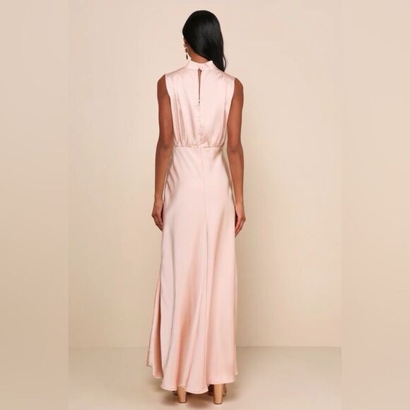Lulus Classic Elegance Blush Satin Sleeveless Mock Neck Maxi Dress Small NEW - Picture 9 of 15